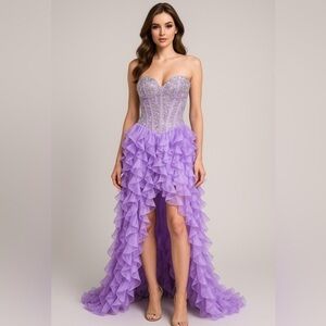 Sherri Hill Beaded Strapless Gown – Lavender Ruffle High-Low Prom/Pageant Dress